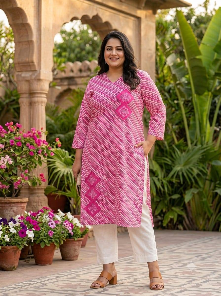 PREMIUM JAIPURI LEHERIYA KURTIS COLLECTION by Kaamiri 01 To 04 Series Indian Casual Wear Collection Cambric Cotton Plus size Kuris At Wholesale Price